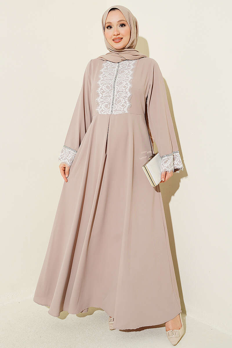 Lace Stone Detail Dress Beige