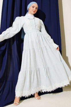 Lace Buttoned Pleated Dress Baby Blue