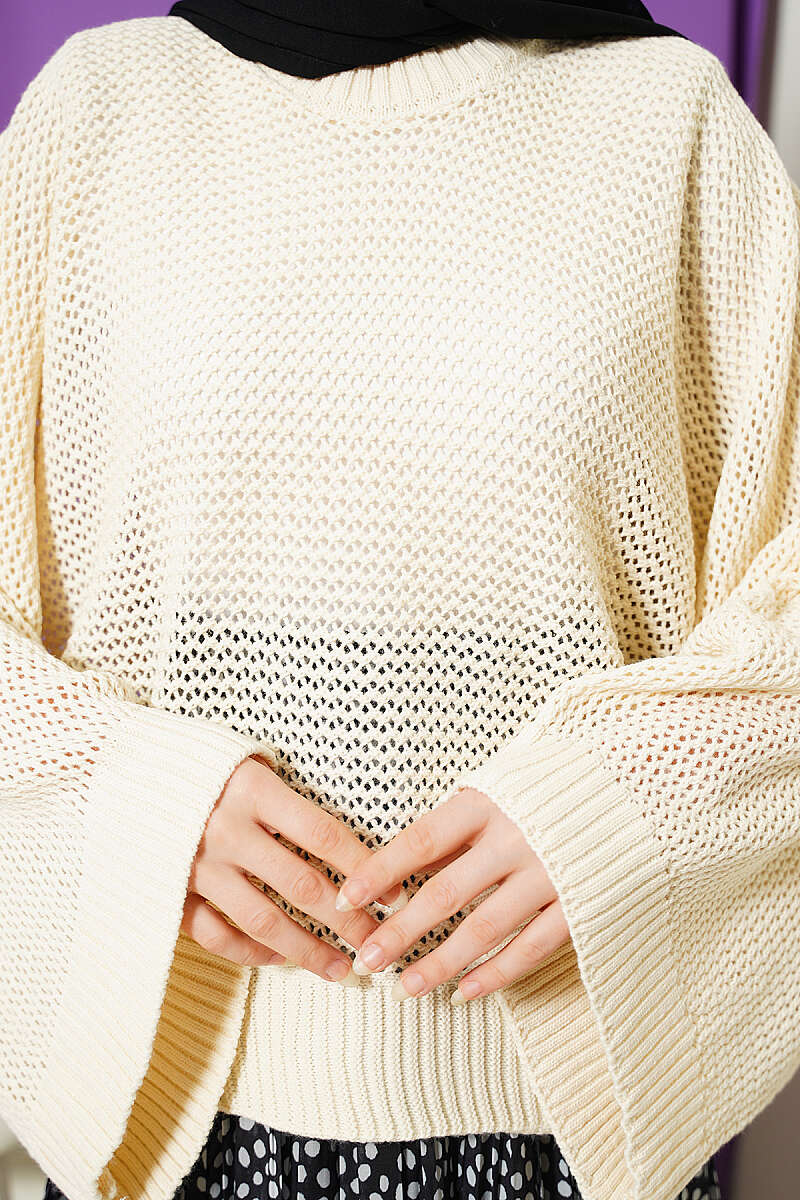 Openwork Batwing Sleeve Knitted Sweater Beige - Image 4