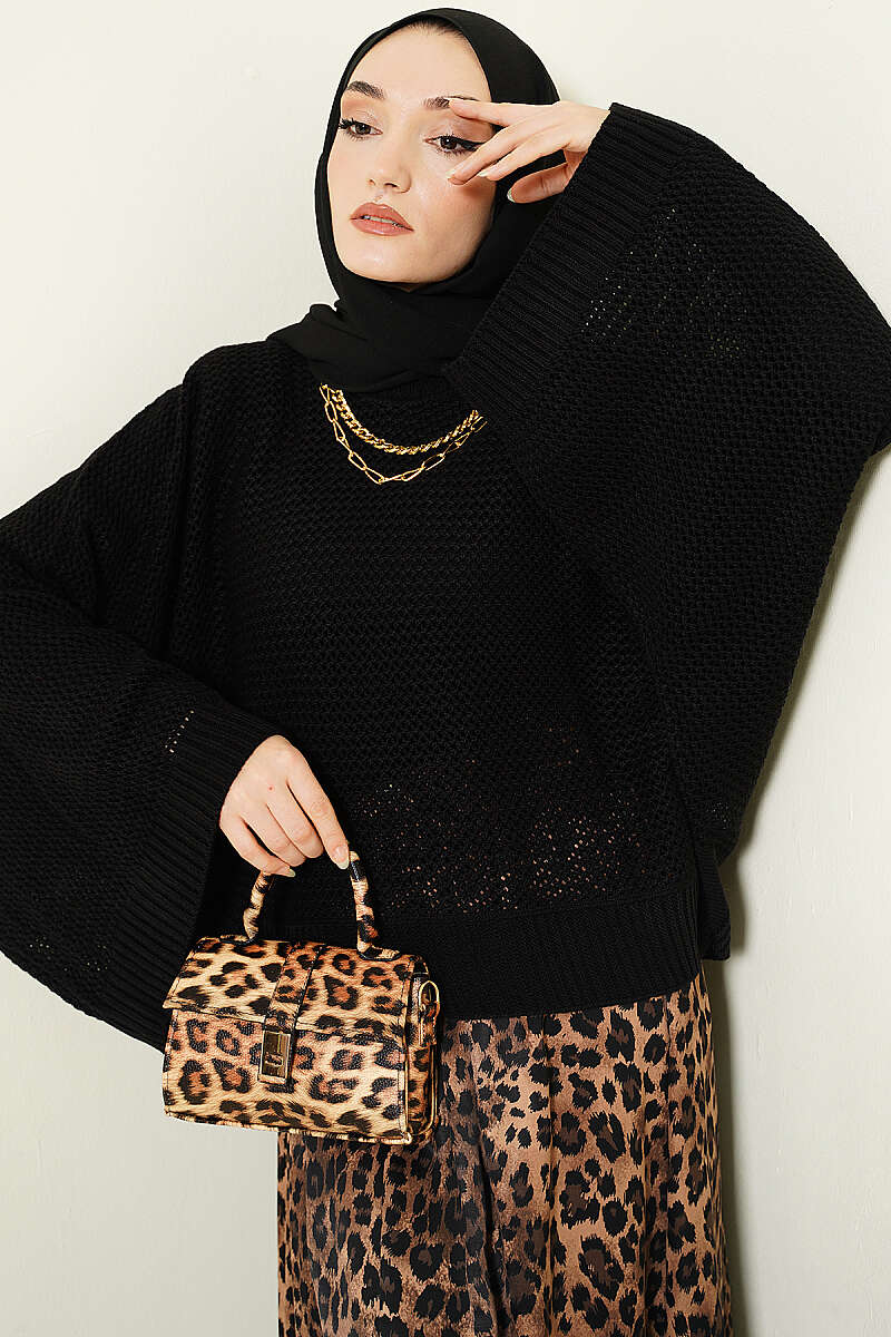 Openwork Batwing Sleeve Knitted Sweater Black