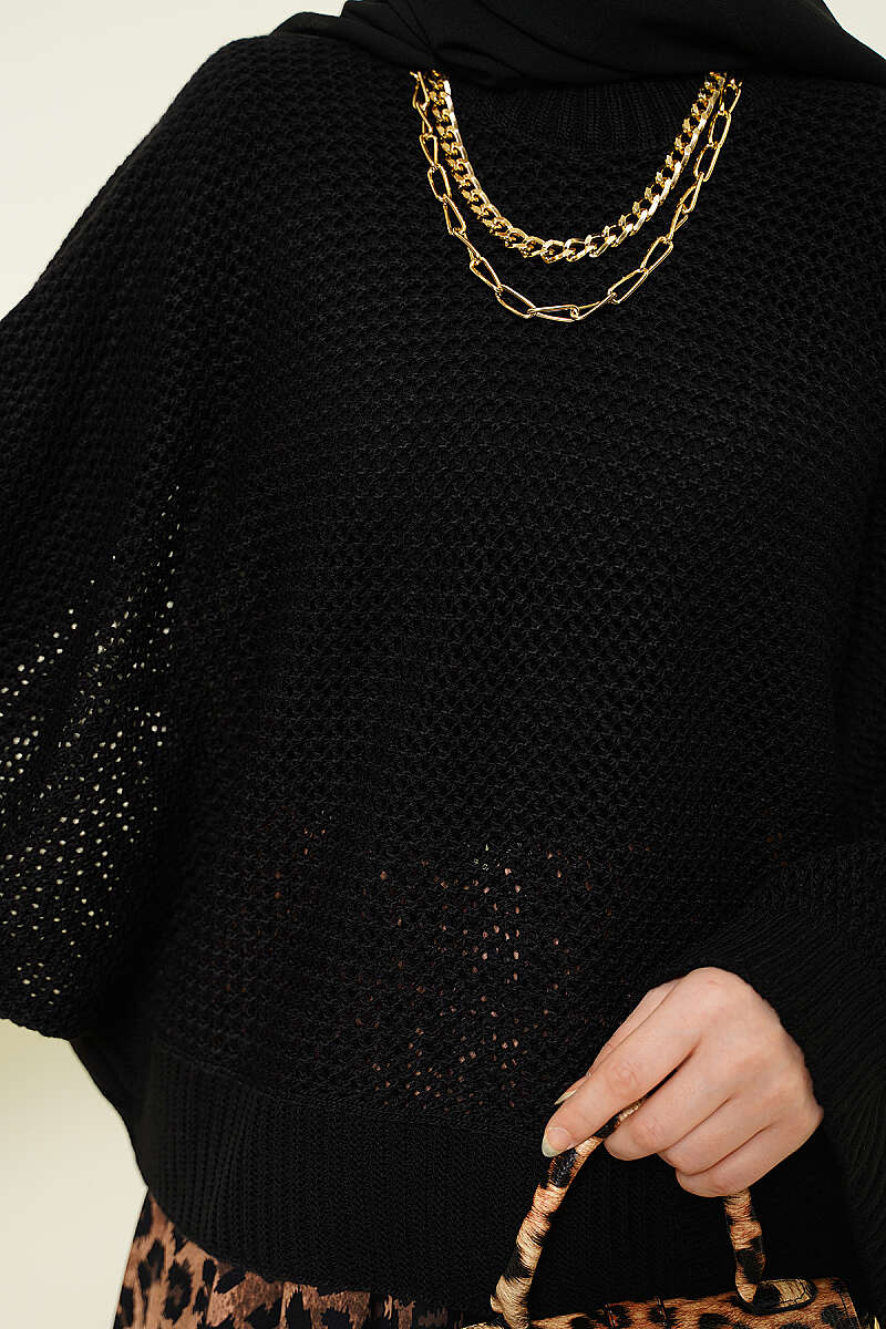 Openwork Batwing Sleeve Knitted Sweater Black - Image 4