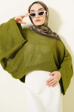 Openwork Batwing Sleeve Knitted Sweater Green