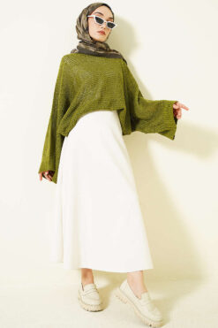 Alternative view of Openwork Batwing Sleeve Knitted Sweater Green