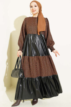 Houndstooth Pattern Dress with Leather Accents Brown