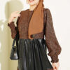 Houndstooth Pattern Dress with Leather Accents Brown – Bild 2