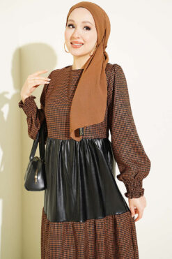 Alternative view of Houndstooth Pattern Dress with Leather Accents Brown