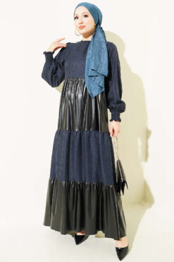 Houndstooth Pattern Dress with Leather Accents Blue