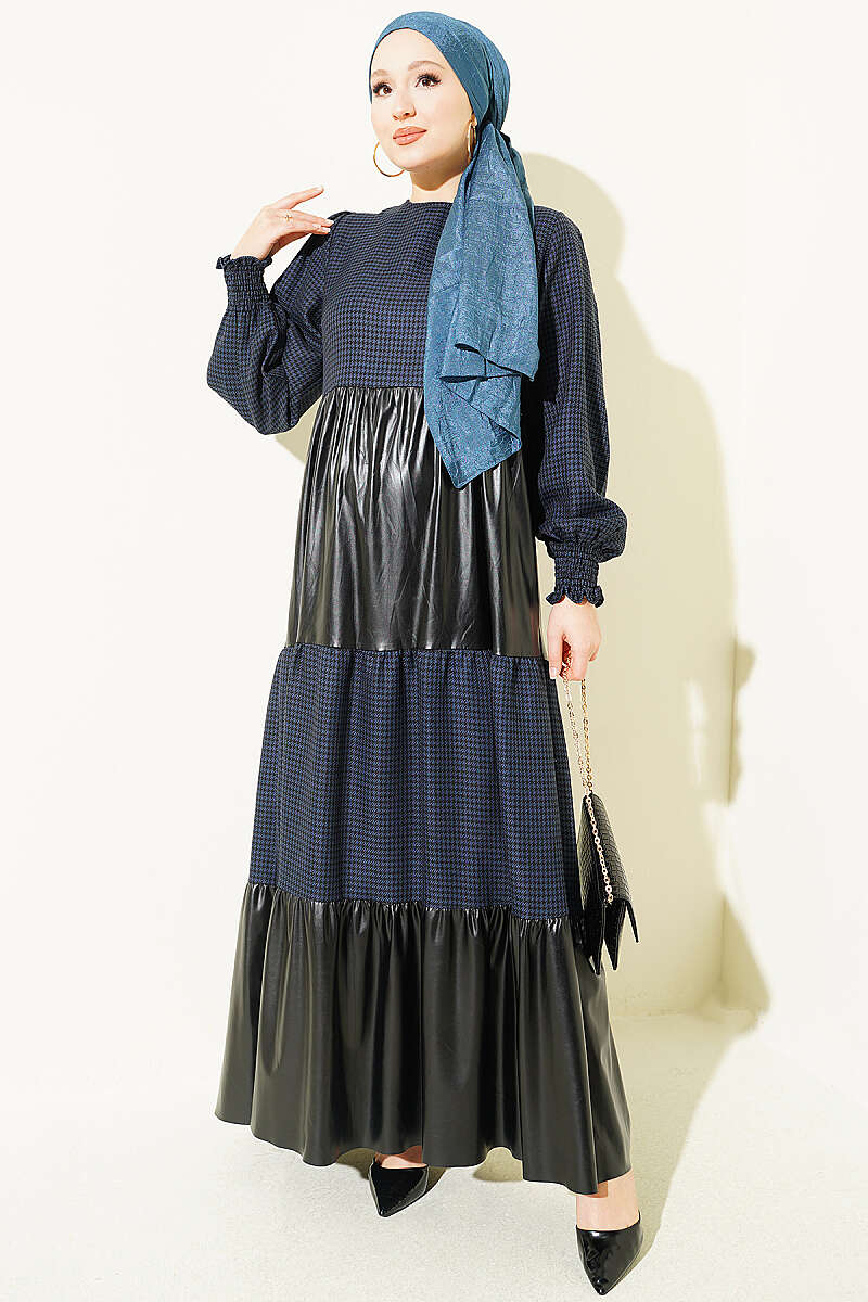 Houndstooth Pattern Dress with Leather Accents Blue
