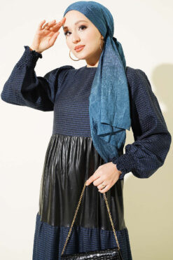Alternative view of Houndstooth Pattern Dress with Leather Accents Blue