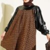 Houndstooth Pattern Tunic with Leather Accents Camel