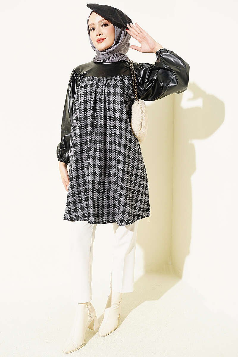 Houndstooth Pattern Tunic with Leather Accents Grey - immagine 2