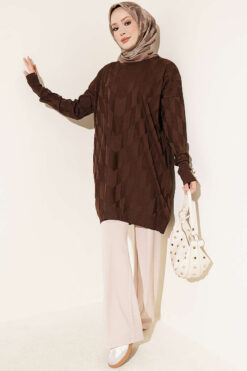Alternative view of Patterned Gold-Button Mercerized Tunic Dark Brown