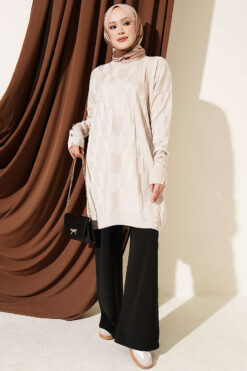 Alternative view of Patterned Gold-Button Mercerized Tunic Beige