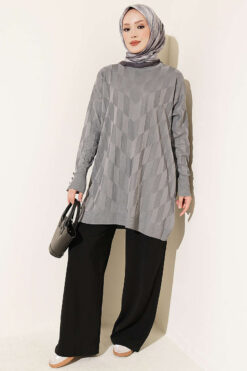 Alternative view of Patterned Gold-Button Mercerized Tunic Grey