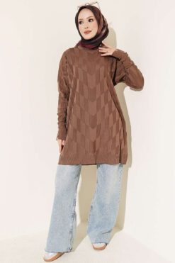 Alternative view of Patterned Gold-Button Mercerized Tunic Brown