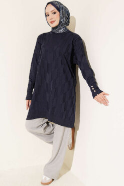 Alternative view of Patterned Gold-Button Mercerized Tunic Navy Blue