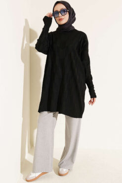 Alternative view of Patterned Gold-Button Mercerized Tunic Black
