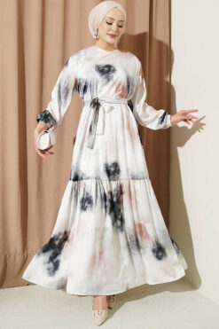 Printed Layered Satin Dress Ecru