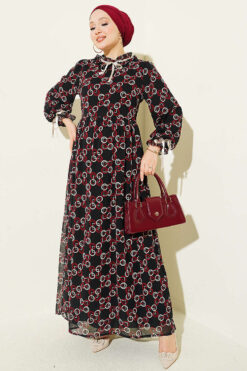 Chiffon Dress with Patterned Ribbon Detail Burgundy
