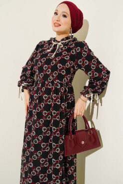 Alternative view of Chiffon Dress with Patterned Ribbon Detail Burgundy
