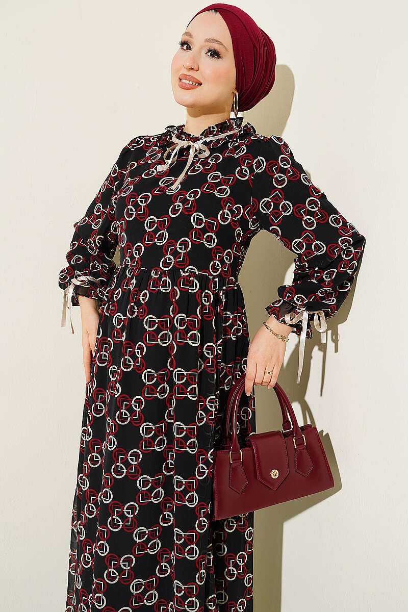 Chiffon Dress with Patterned Ribbon Detail Burgundy - Image 2