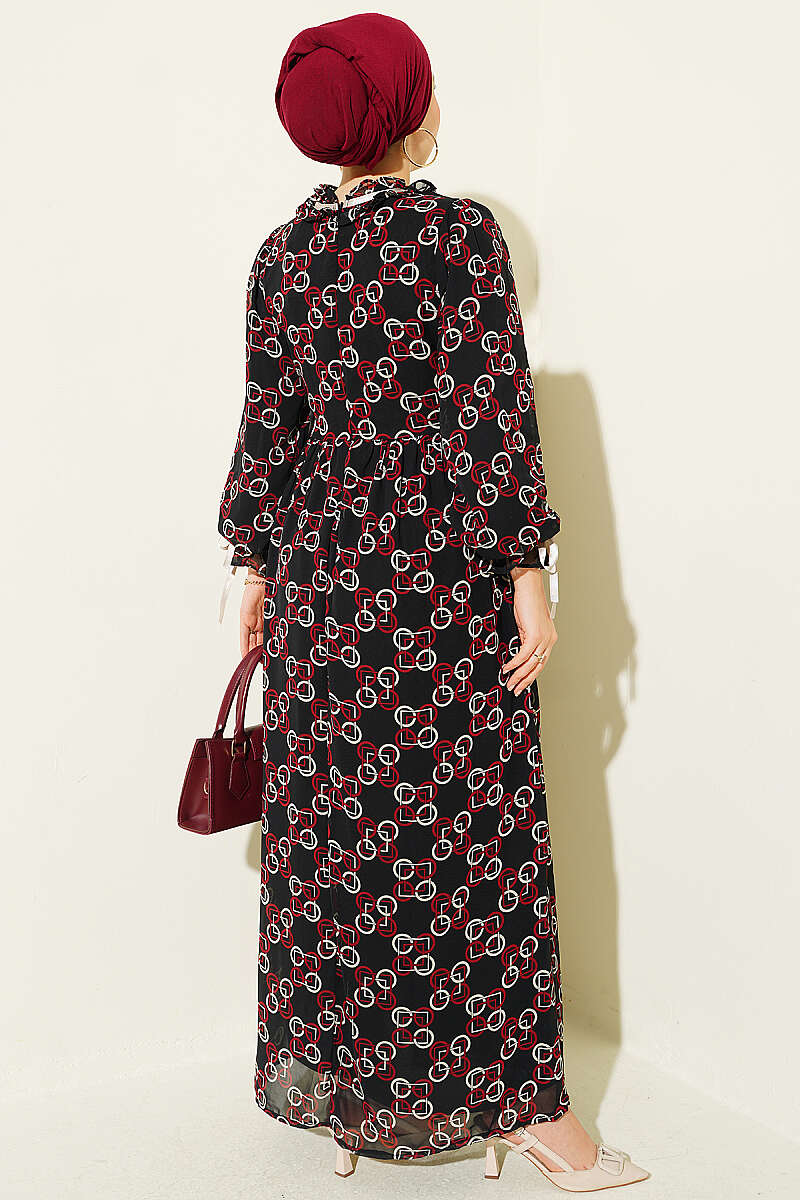 Chiffon Dress with Patterned Ribbon Detail Burgundy - Image 3
