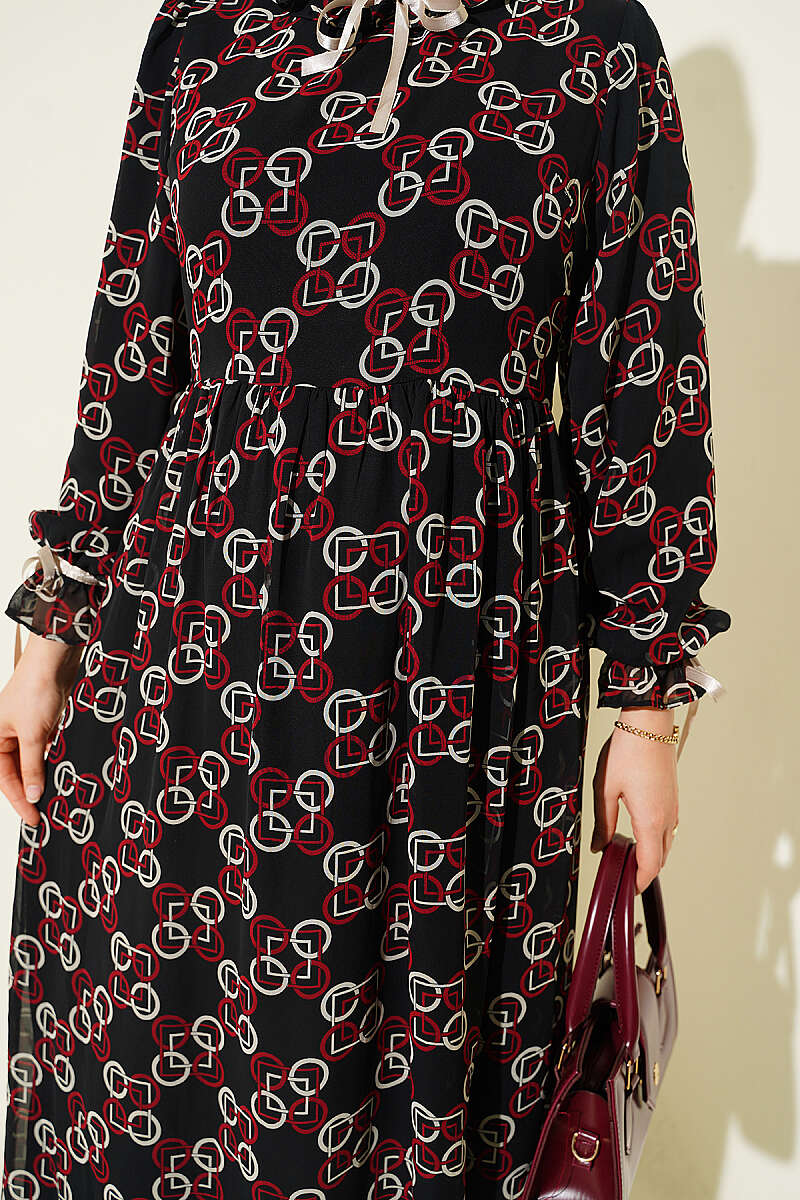 Chiffon Dress with Patterned Ribbon Detail Burgundy - Image 4
