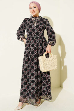 Chiffon Dress with Patterned Ribbon Detail Rose Dust