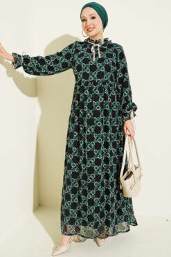 Chiffon Dress with Patterned Ribbon Detail Green