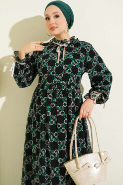 Alternative view of Chiffon Dress with Patterned Ribbon Detail Green