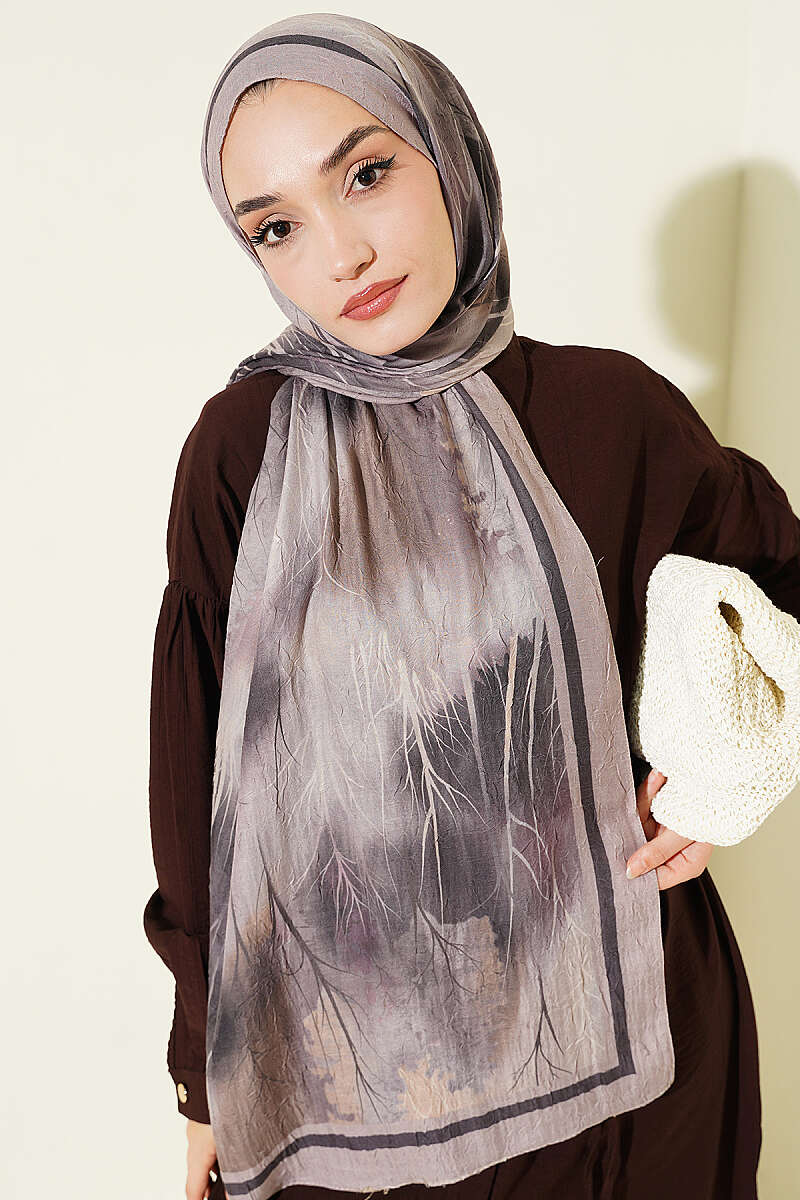 Patterned Liva Modal Crepe Shawl Beige - Image 5