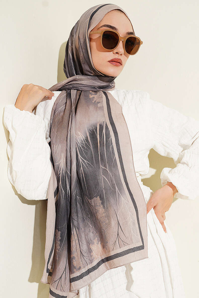 Patterned Liva Modal Crepe Shawl Beige - Image 6