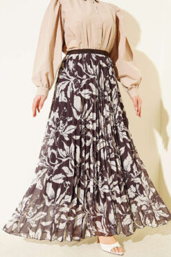 Pleated Waistband Chiffon Skirt Dark Brown