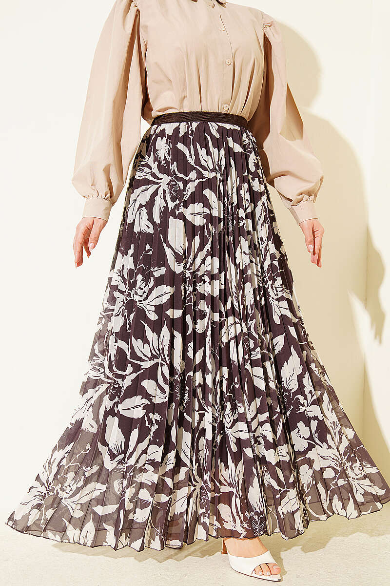 Pleated Waistband Chiffon Skirt Dark Brown
