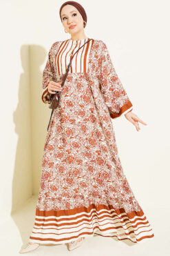 Vertical Striped Belmando Pattern Midi Dress Brown