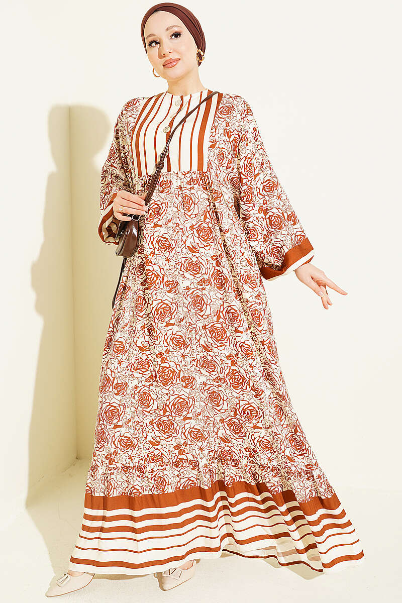 Vertical Striped Belmando Pattern Midi Dress Brown