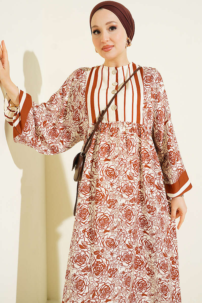 Vertical Striped Belmando Pattern Midi Dress Brown - Image 2