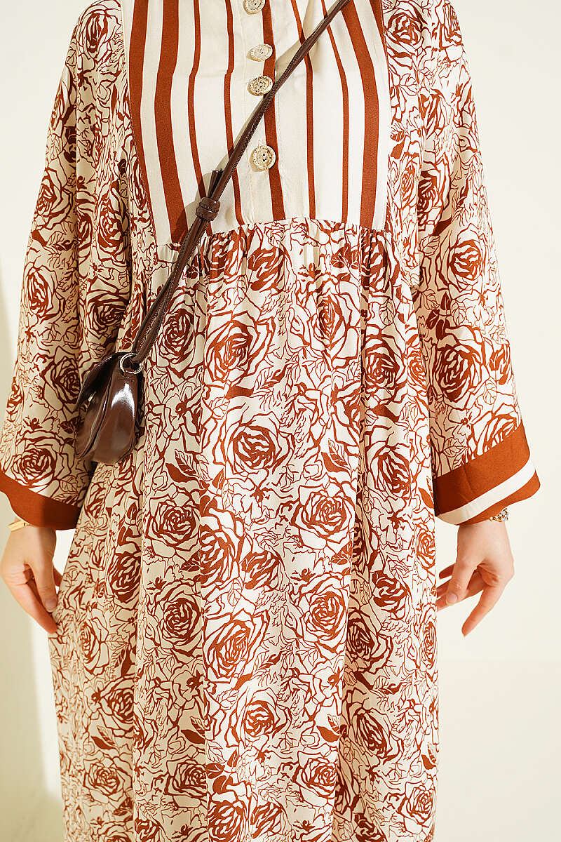 Vertical Striped Belmando Pattern Midi Dress Brown - Image 4