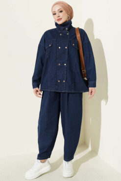 Fitted High-Collar Zip-Up Denim Two-Piece Set Blue