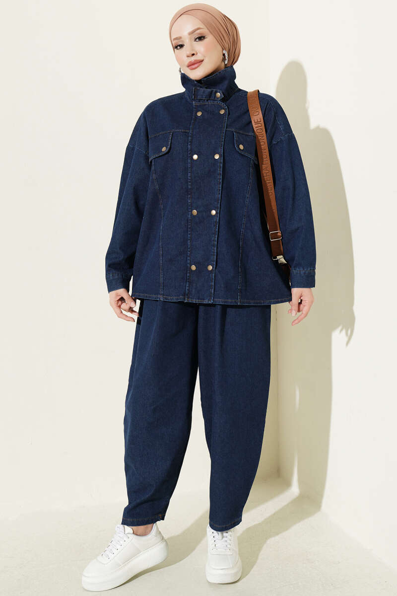 Fitted High-Collar Zip-Up Denim Two-Piece Set Blue