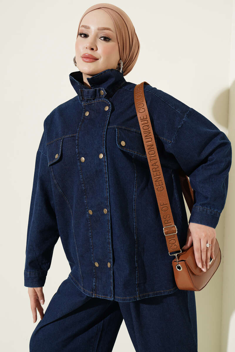 Fitted High-Collar Zip-Up Denim Two-Piece Set Blue - Afbeelding 2