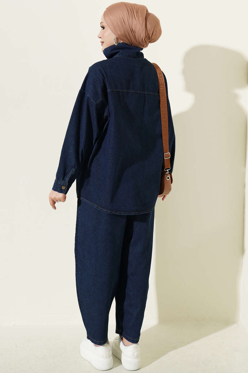 Fitted High-Collar Zip-Up Denim Two-Piece Set Blue - Afbeelding 3