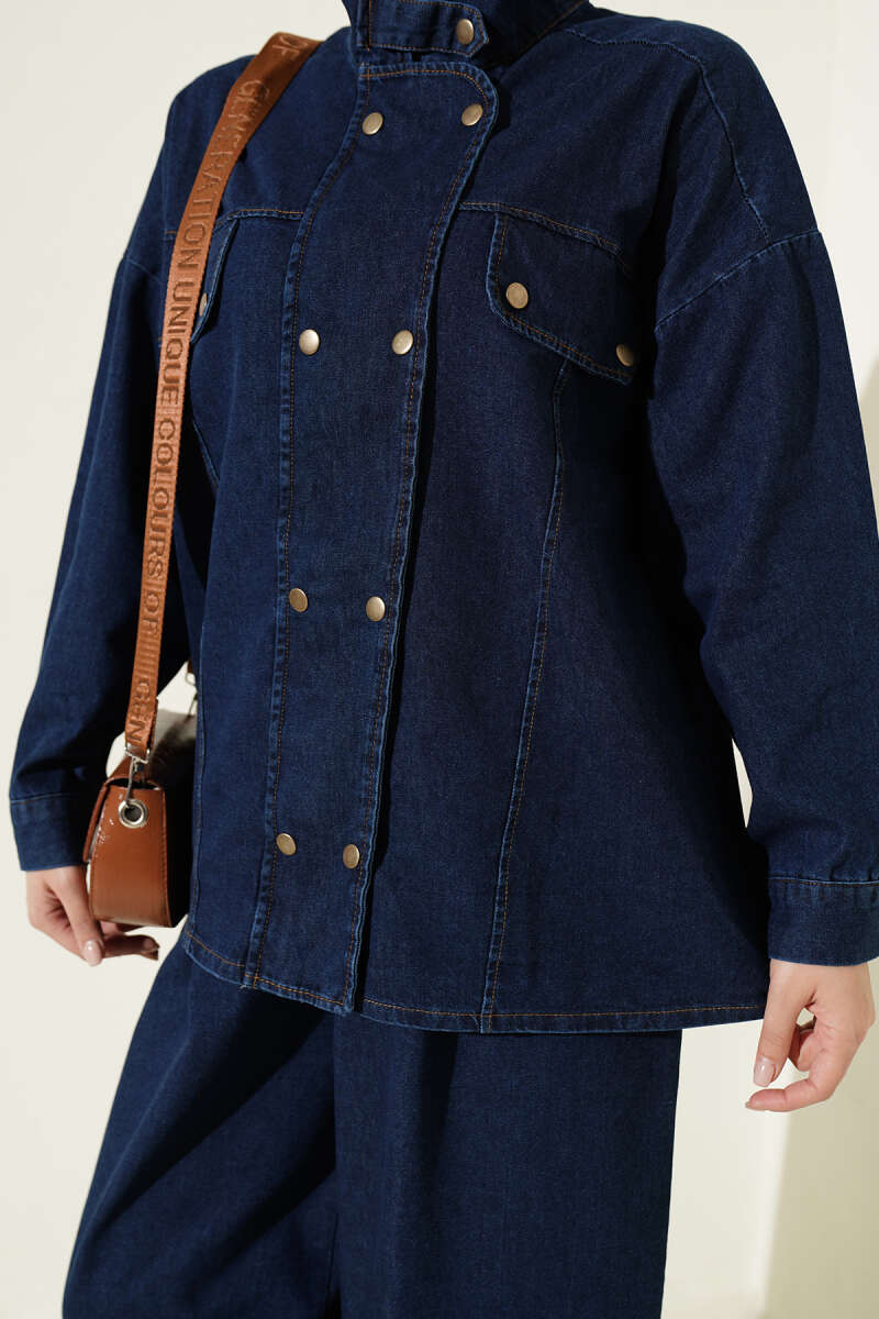 Fitted High-Collar Zip-Up Denim Two-Piece Set Blue - Afbeelding 4