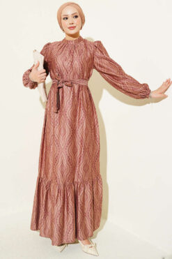 Printed High-Neck Dress Latte