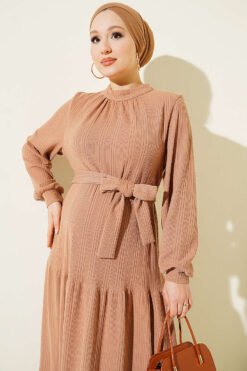 Alternative view of High Neck Self-Patterned Knit Dress Camel