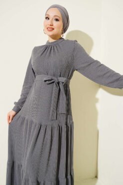 Alternative view of High Neck Self-Patterned Knit Dress Grey