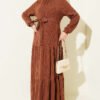High Neck Self-Patterned Knit Dress Brown