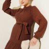 High Neck Self-Patterned Knit Dress Chestnut - الصورة 2