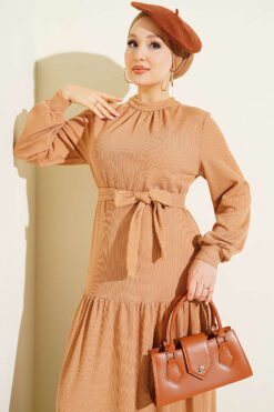 Alternative view of High Neck Self-Patterned Knit Dress Latte