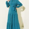 High Neck Self-Patterned Knit Dress Petrol
